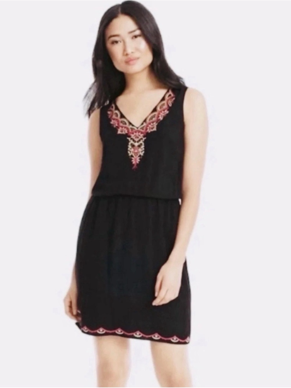 Black Embroidered V-Neck Mini Dress